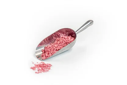 46 - Raspberry Kibble 2-6mm in stainless steel scoop on white background