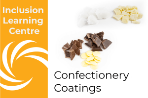 ILC Confectionery Coatings- Header image with piles of RSPO Certified Sustainable Palm Oil, Cocoa butter, white, milk 7 dark chocolate on whilte background