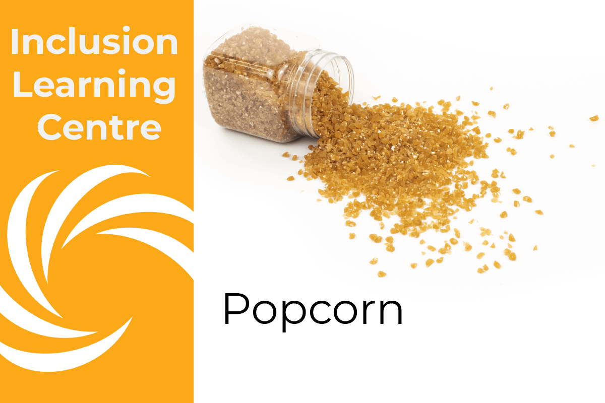 Inclusion Learning Centre E-Course Topic Header: Popcorn Inclusions - includes image of spilt jar of caramel popcorn kibble