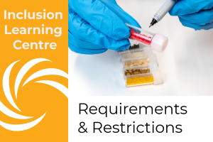 Inclusion Learning Centre E-Course Topic Header: Requirements & Restrictions - picture of technician labeling sample vial of inclusions with fine tip permanent marker