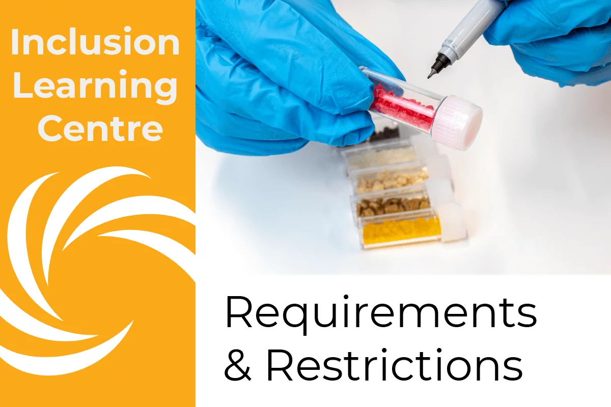 Inclusion Learning Centre E-Course Topic Header: Requirements & Restrictions - picture of technician labeling sample vial of inclusions with fine tip permanent marker