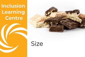 Inclusion Learning Centre E-course Topic: Size (header image with a mix of inclusion filled choc bars on white background)