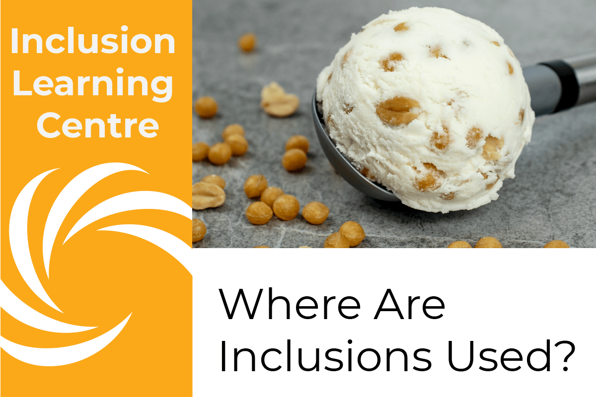 Inclusion Learning Centre Header - Where Are Inclsuions Used? Image of peanut and brittle ice cream in scoop on grey tile backdrop with brittle balls and peanuts scattered by scoop