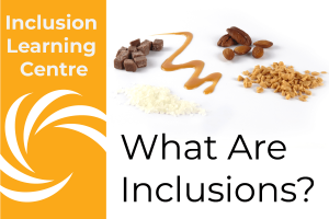 Inclusion Learning Centre - What Are Inclusions? Header with fudge, caramel sauce, nuts, honeycomb, and sugar free kibble in the picture