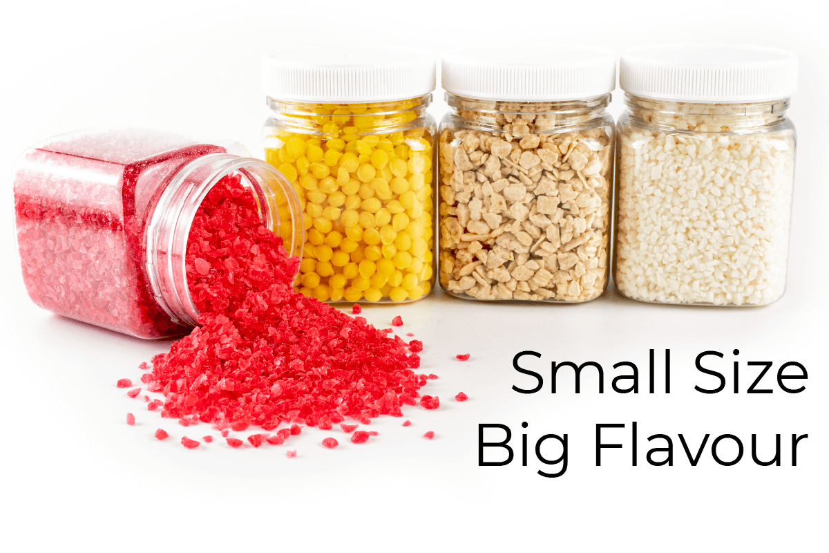 Small size - big flavour header with four jars of inclusions on white background